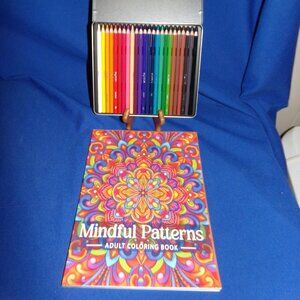 NEW- Mindful Patterns Adult Coloring Book & 24 Amazon Premium Colored Pencils